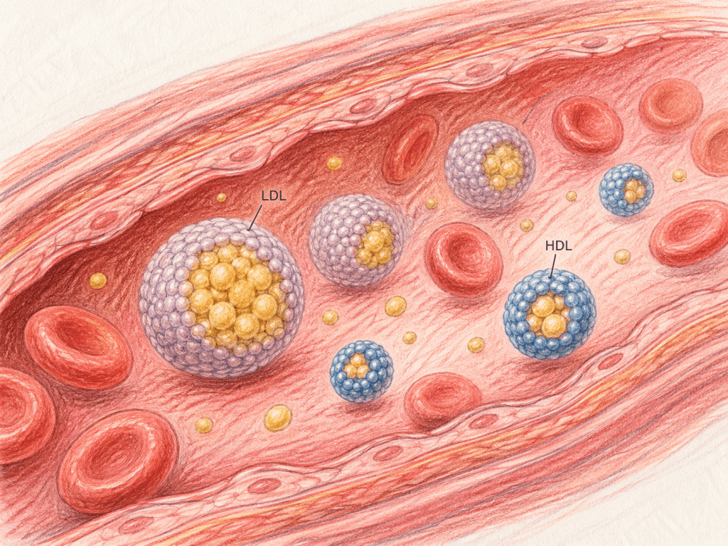Desenho em lápis e lápis de cor do interior de um vaso sanguíneo, com glóbulos vermelhos e lipoproteínas LDL e HDL carregando colesterol pela corrente sanguínea.